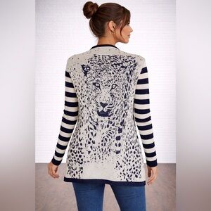 Statement Leopard Graphic Cardigan | Navy & Cream | Longline | Stripe Shimmer